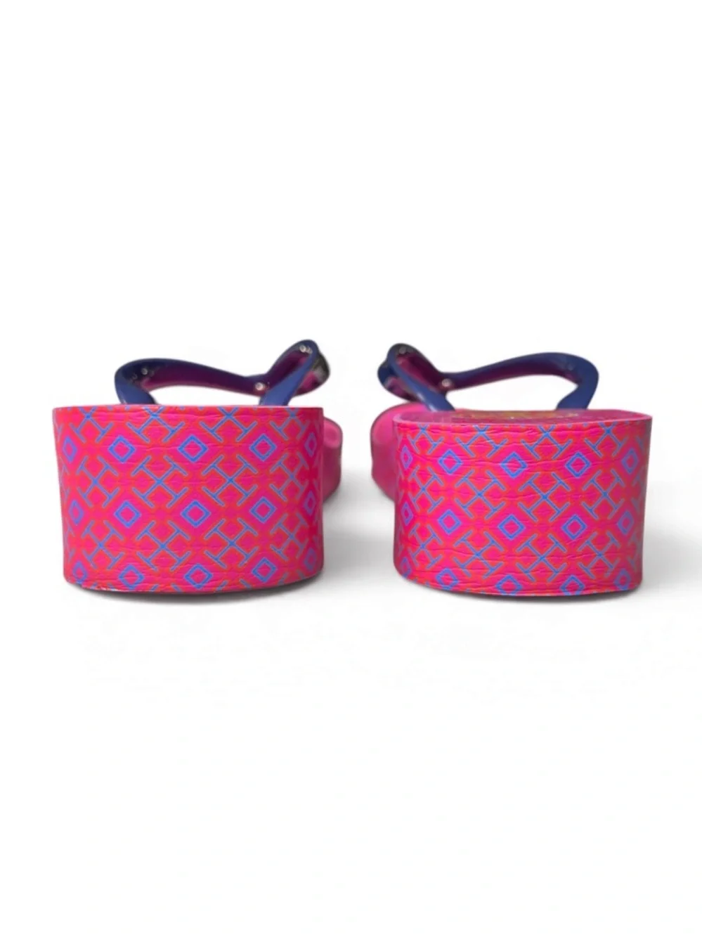 Tory Burch Thandie Wedge Flip Flop in Pink/Navy Blue Lattice Print, sz 6 - Picture 6 of 12